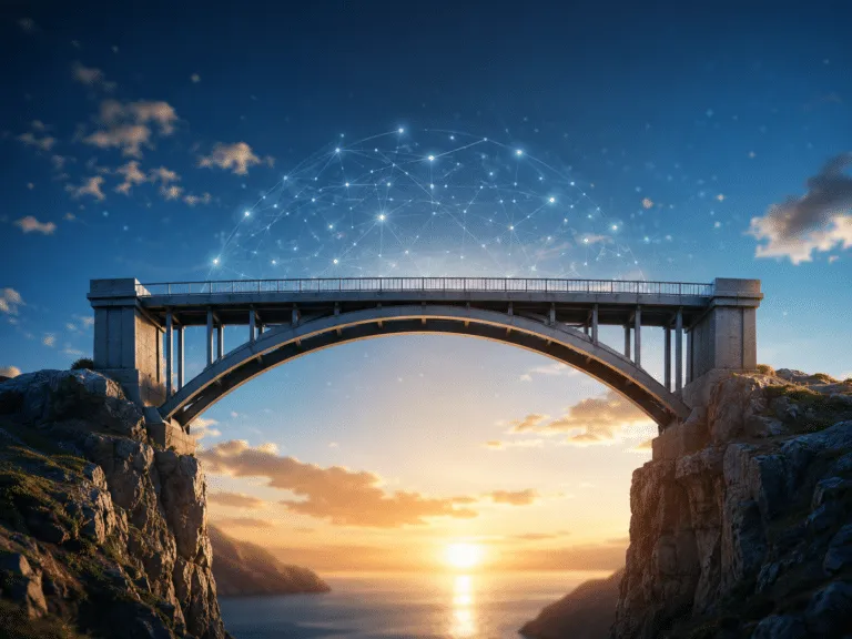 Steinerne Brücke über einer Schlucht bei Sonnenuntergang mit vernetztem Sternenhimmel, Symbolbild zu GEO