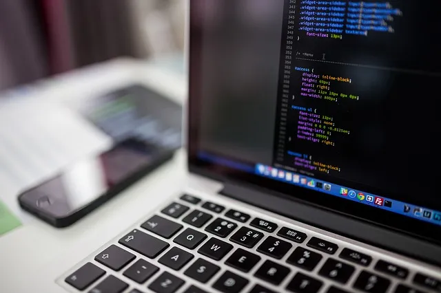 Laptop mit Programmcode auf dem Bildschirm und Smartphone daneben, Symbolbild zu WordPress-Apps