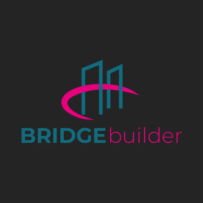 Logo von bridgebuilder, Projekt der Universität Luxemburg, mit Brückensymbol in Petrol und Pink