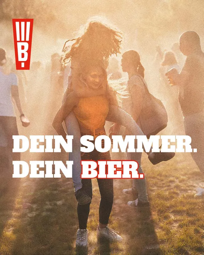 Plakatmotiv der BRUCH Brauerei Neunkirchen: tanzende Menschen im Gegenlicht, „Dein Sommer. Dein Bier.“
