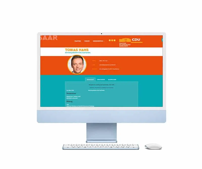 Website der CDU-Fraktion im Landtag des Saarlandes mit Abgeordnetenprofil auf einem iMac
