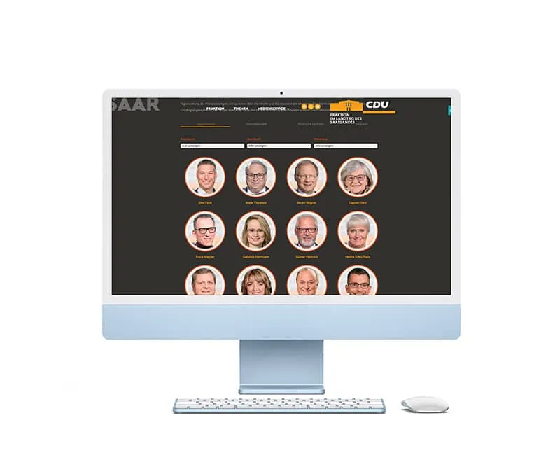 Website der CDU-Fraktion im Saarland mit Porträtübersicht der Abgeordneten auf einem iMac