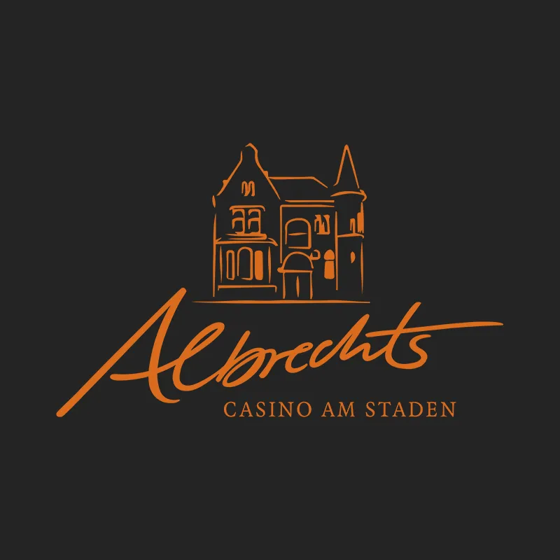 Logo von Albrechts Casino am Staden in Saarbrücken mit Gebäudezeichnung in Orange