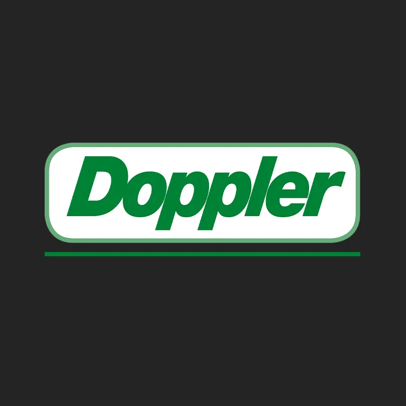 Logo der Doppler GmbH in Grün mit weißer Umrandung auf dunklem Hintergrund