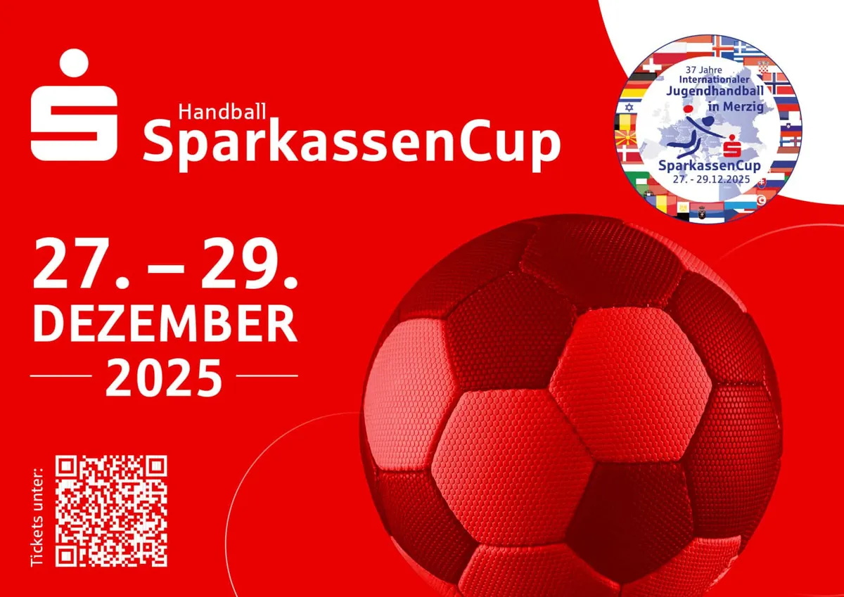 Social-Media-Motiv zum Handball-SparkassenCup vom 27. bis 29. Dezember 2025 mit rotem Ball