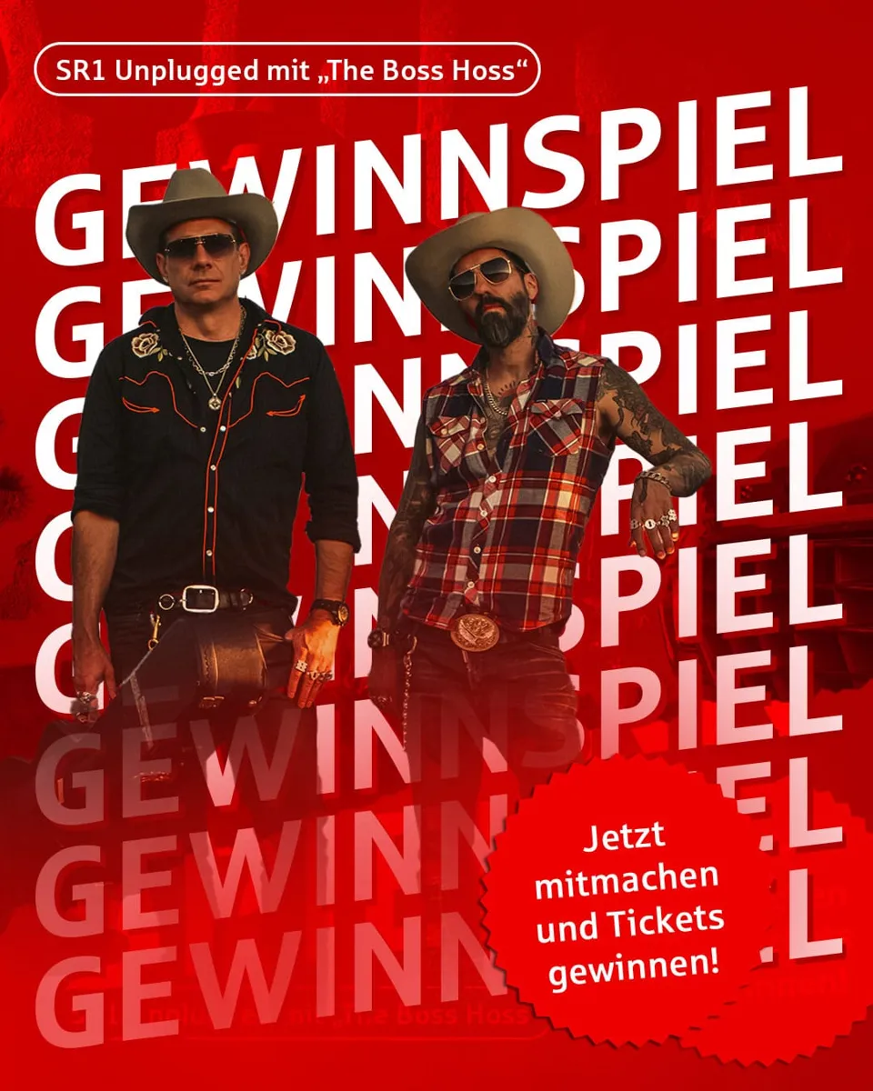 Gewinnspielmotiv zu SR1 Unplugged mit The BossHoss: zwei Musiker vor rotem „Gewinnspiel“-Schriftzug