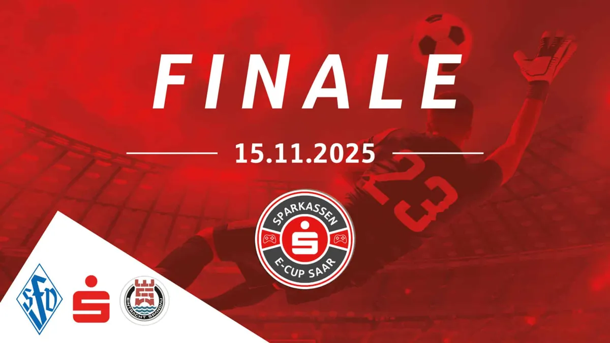 Finale-Motiv des Sparkassen-E-Cups Saar am 15.11.2025 mit Fußballspieler in Rot