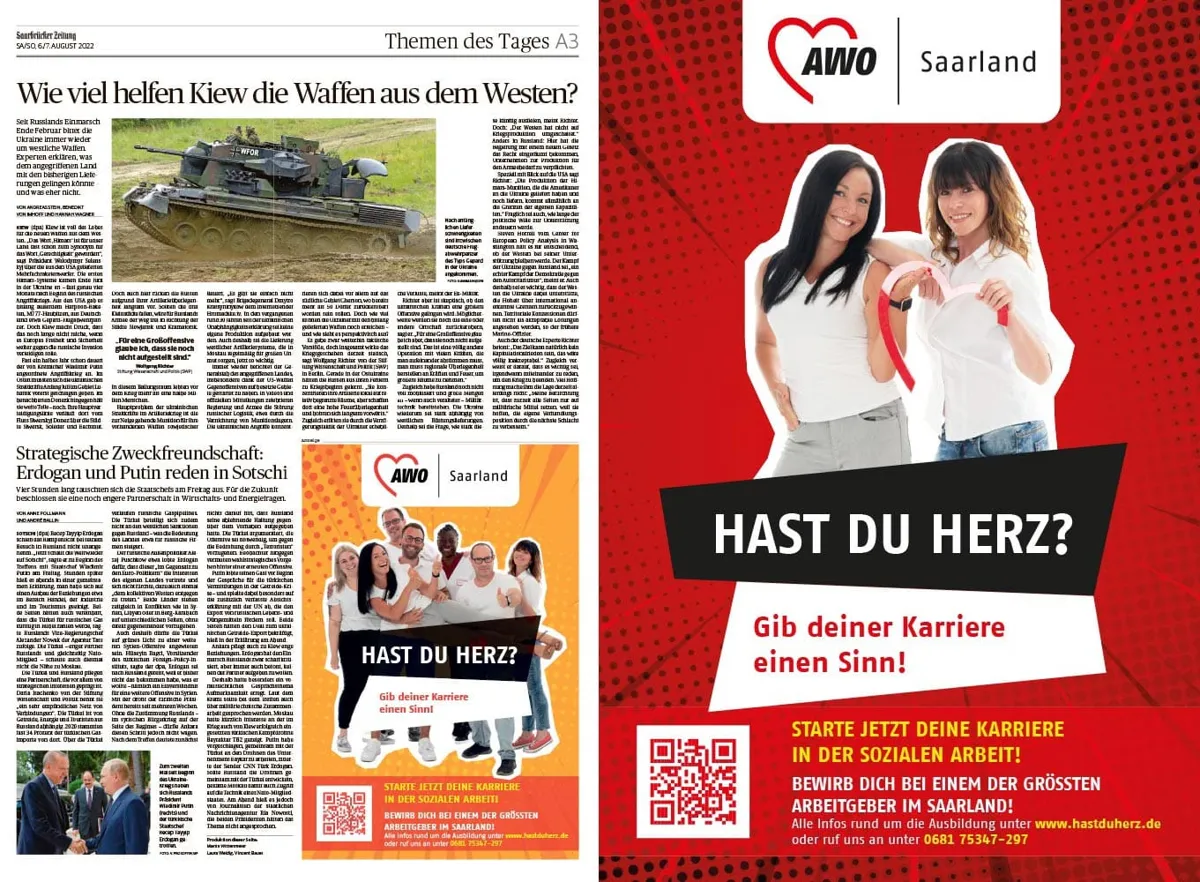 Zeitungsanzeige der AWO-Kampagne „Hast du Herz?“ in der Saarbrücker Zeitung