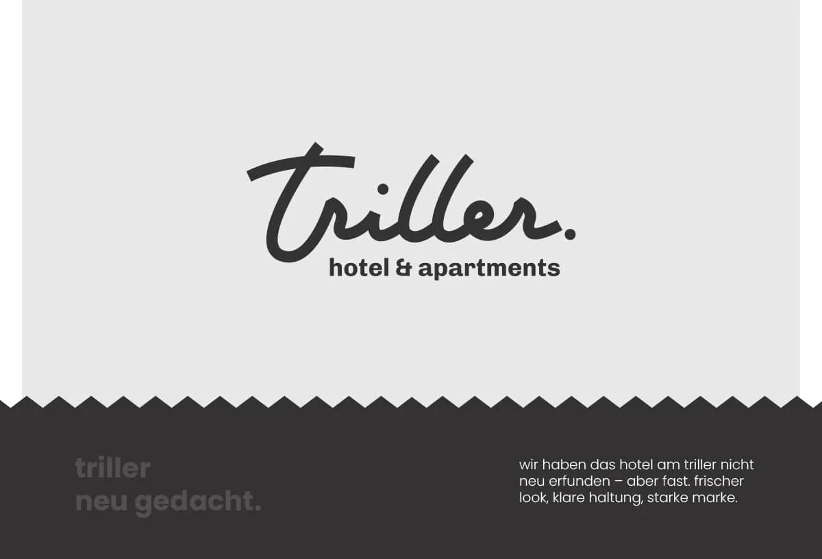 Neues Logo „triller. hotel & apartments“ des Hotels Am Triller in Saarbrücken mit Claim „triller neu gedacht“