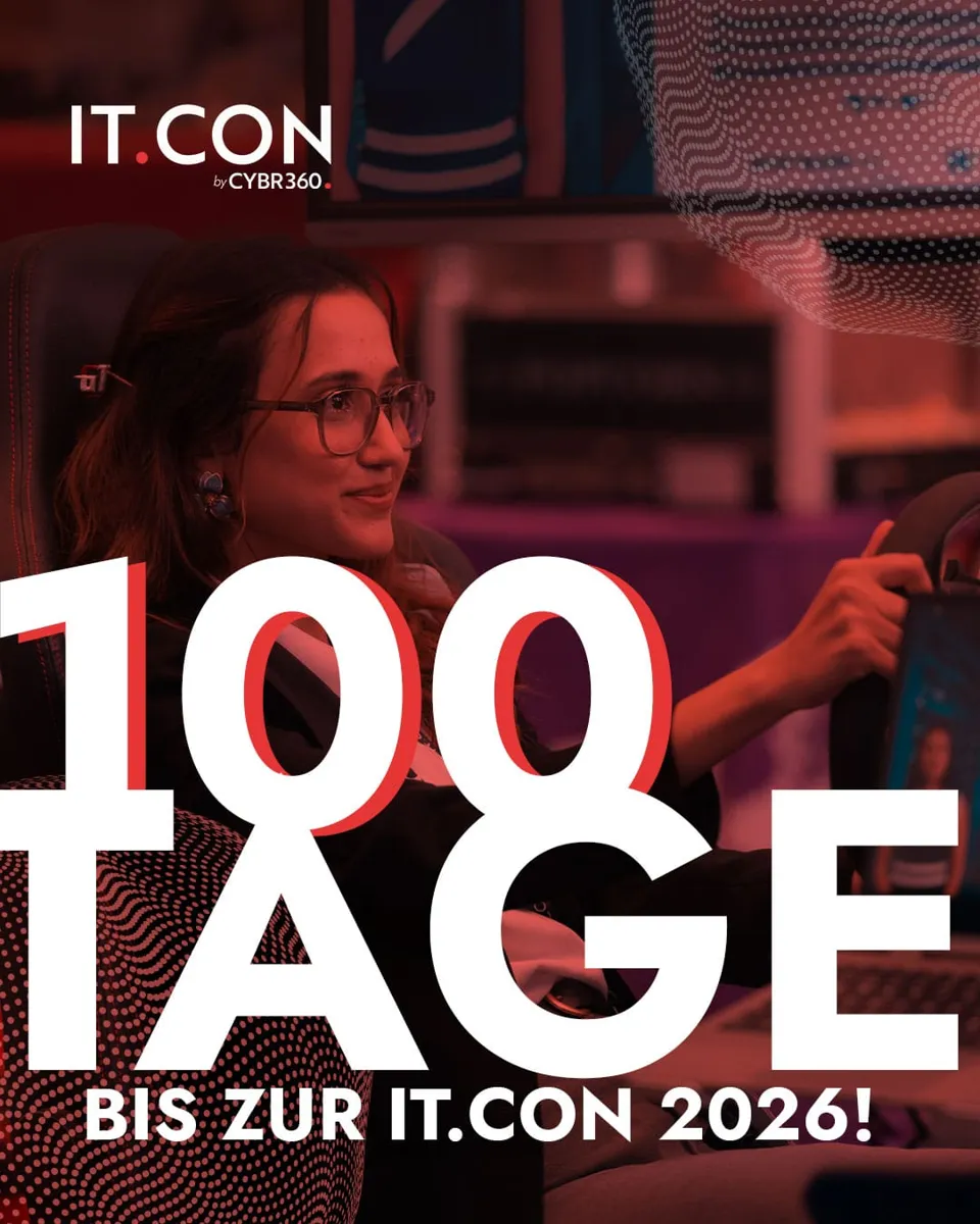 Countdown-Motiv „100 Tage bis zur IT.CON 2026!“ mit junger Frau im Hintergrund