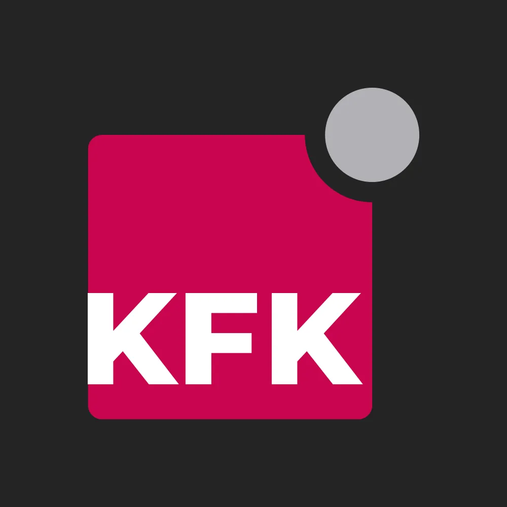 Logo von KFK aus Saarbrücken: weiße Buchstaben auf pinkem Quadrat mit grauem Kreis