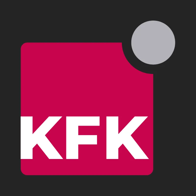 Logo von KFK in Großansicht: pinkes Quadrat mit weißem Schriftzug und grauem Kreis