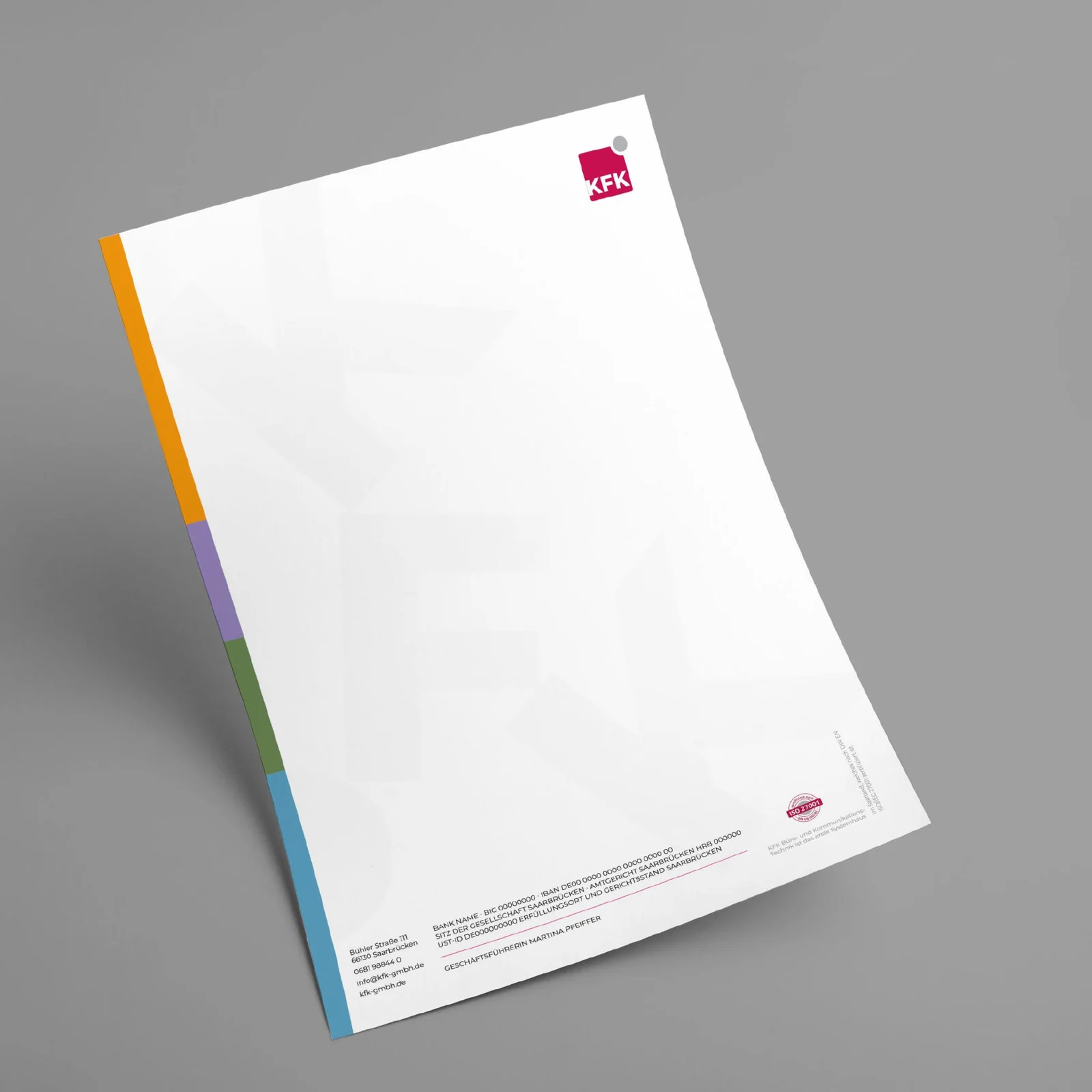 Briefbogen von KFK aus Saarbrücken mit mehrfarbigem Seitenrand und pinkem Logo