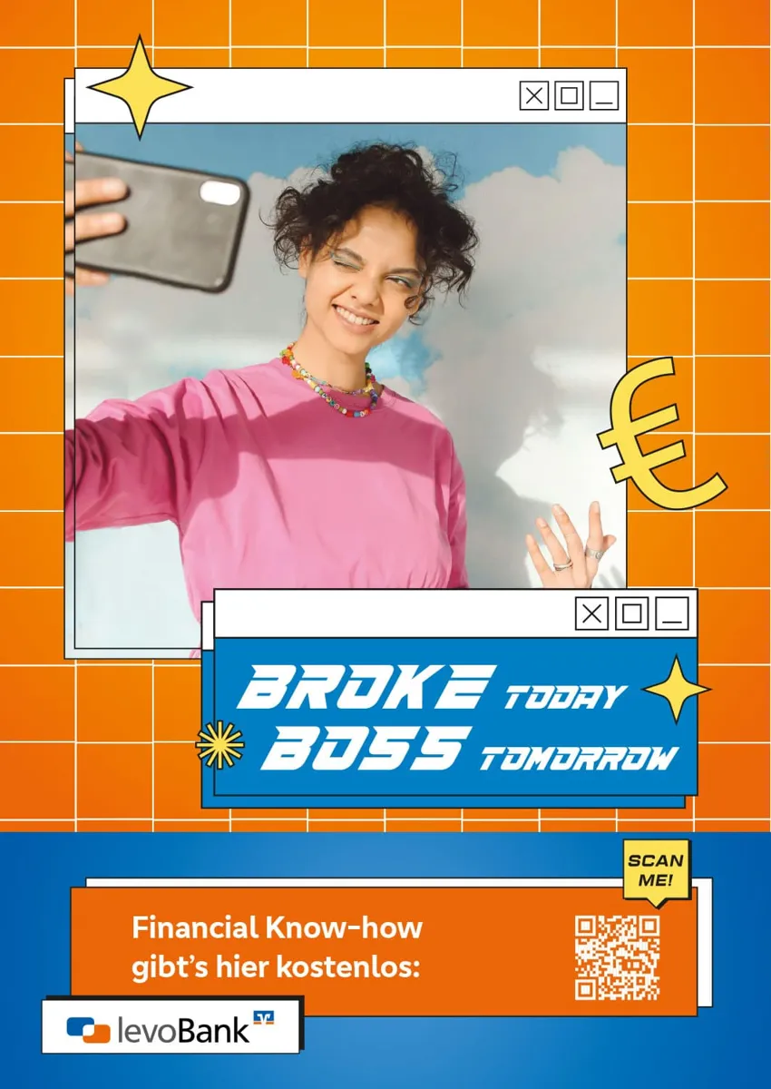 Kampagnenmotiv der levoBank für junge Kunden: „Broke today, Boss tomorrow“ mit junger Frau