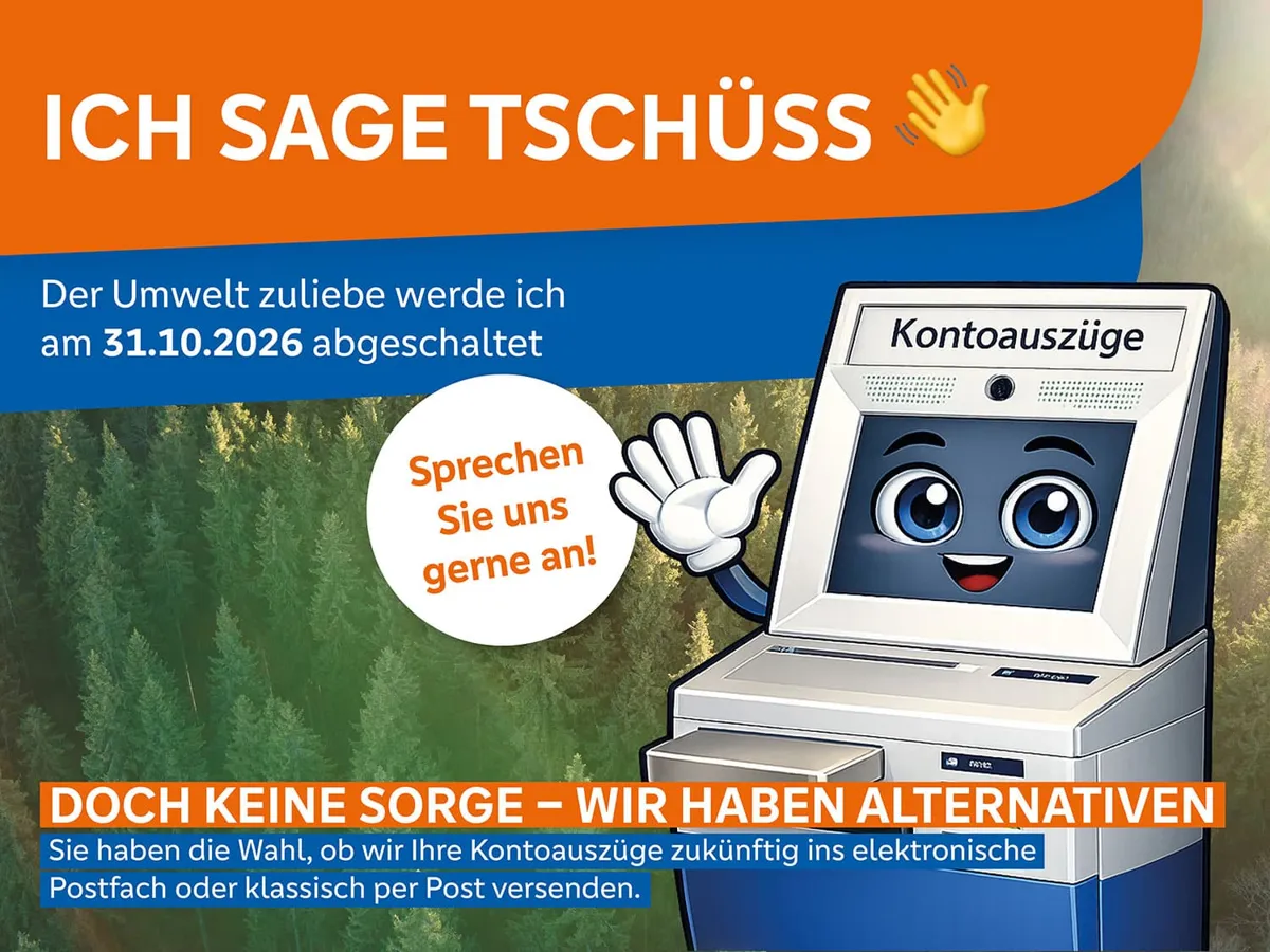 Motiv der levoBank zum elektronischen Postfach: Kontoauszugsdrucker sagt „Ich sage tschüss“