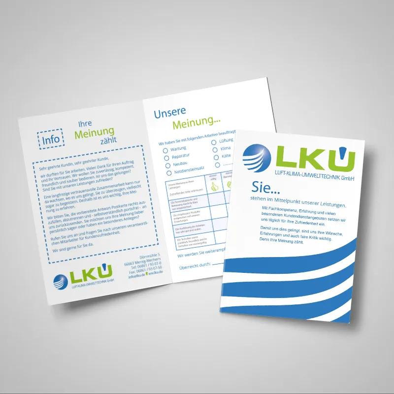 Fragebogen „Ihre Meinung zählt“ und Flyer im neuen Corporate Design der LKU aus Merzig