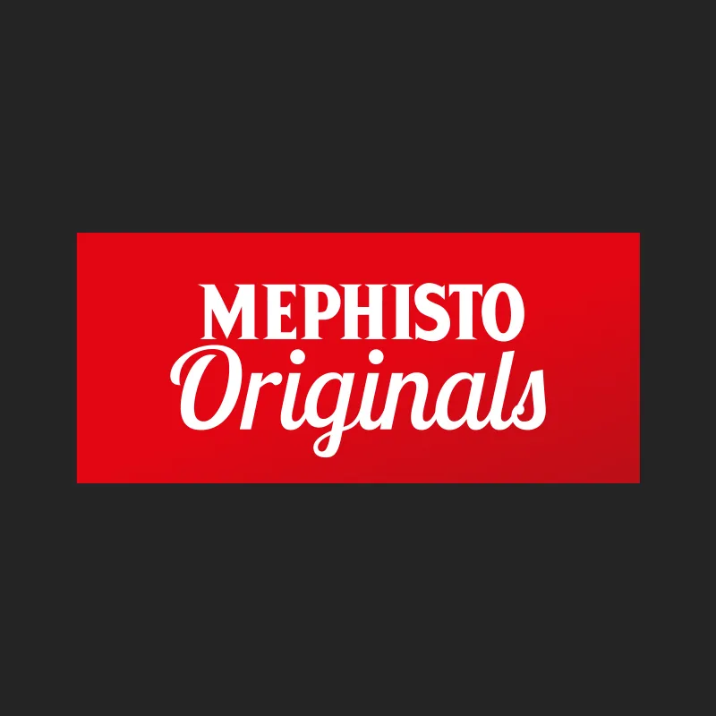 Logo von Mephisto Originals in weißer Schreibschrift auf rotem Feld