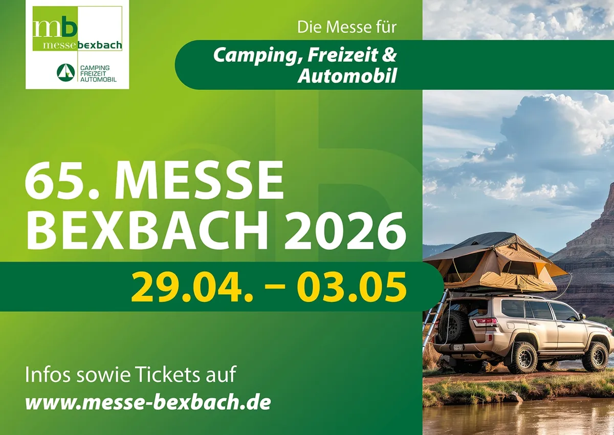 Plakatmotiv der 65. Messe Bexbach 2026 für Camping, Freizeit und Automobil mit Geländewagen und Dachzelt