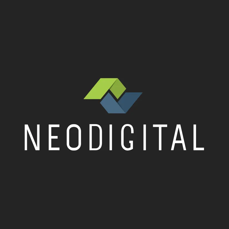 Logo der NEODIGITAL AG aus Neunkirchen mit grün-blauem Rautensymbol auf dunklem Grund