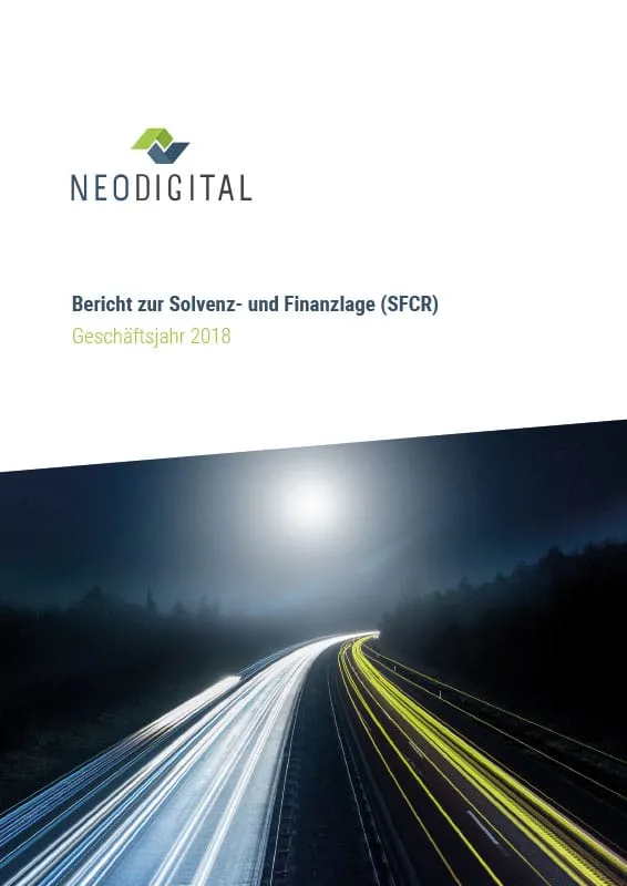 Titelseite des Berichts zur Solvenz- und Finanzlage (SFCR) der NEODIGITAL AG mit Lichtspuren einer Straße