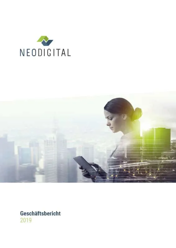 Titelseite des Geschäftsberichts der NEODIGITAL AG mit Geschäftsfrau vor Stadtsilhouette