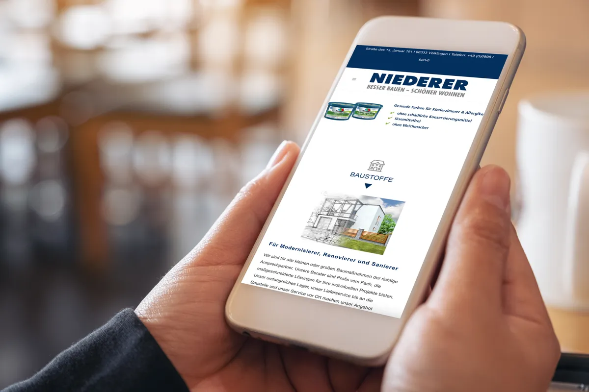 Website von NIEDERER, Baustoffspezialist in Völklingen, in der mobilen Ansicht auf dem Smartphone