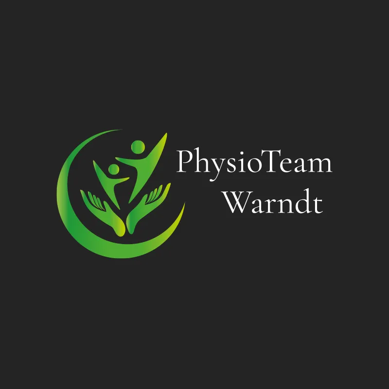 Logo des PhysioTeam Warndt mit grüner Figur in zwei Händen auf dunklem Grund