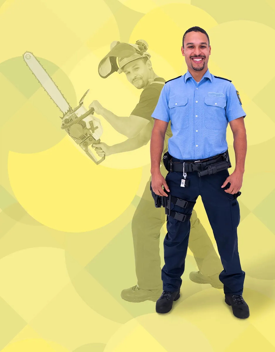 Kampagnenmotiv der Polizei Saarland: Polizist im Hemd, im Hintergrund privat mit Kettensäge