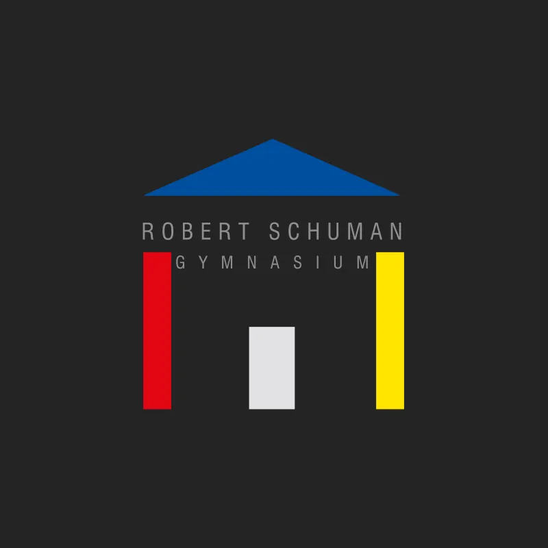 Logo des Robert-Schuman-Gymnasiums Saarlouis mit blauem Dach und farbigen Säulen auf dunklem Grund