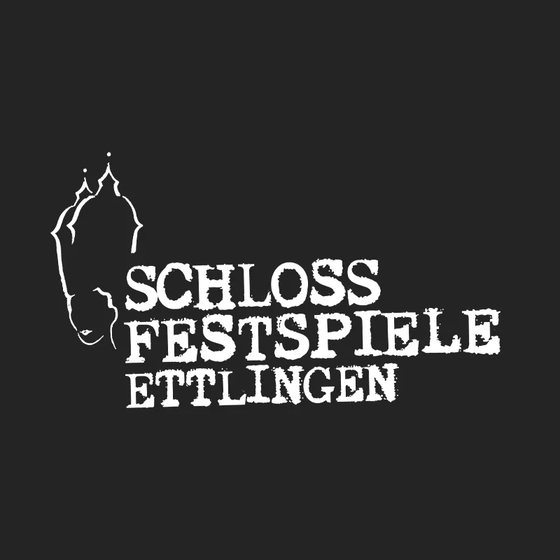 Logo der Schlossfestspiele Ettlingen mit gezeichneter Schlossturm-Silhouette in Weiß auf Schwarz