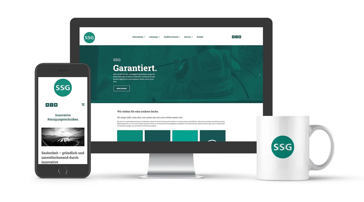 Website der SSG Saar Service GmbH auf Monitor und Smartphone, daneben Tasse mit SSG-Logo