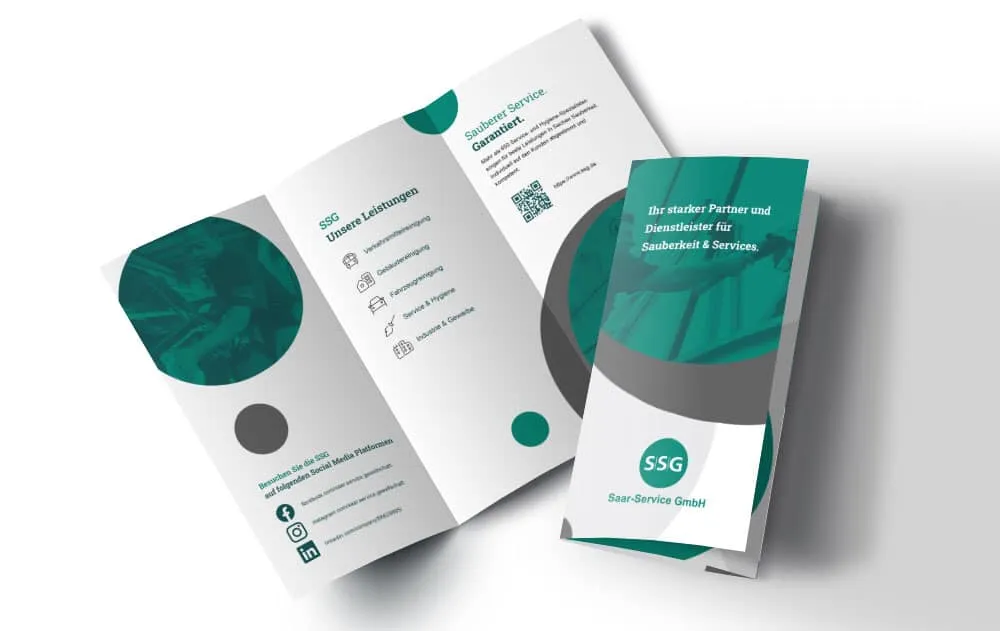 Faltbroschüre der SSG Saar Service GmbH im grünen Corporate Design