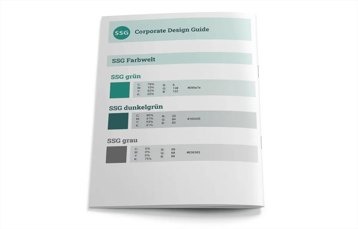 Corporate-Design-Guide der SSG Saar Service GmbH mit Farbwelt in Grün, Dunkelgrün und Grau