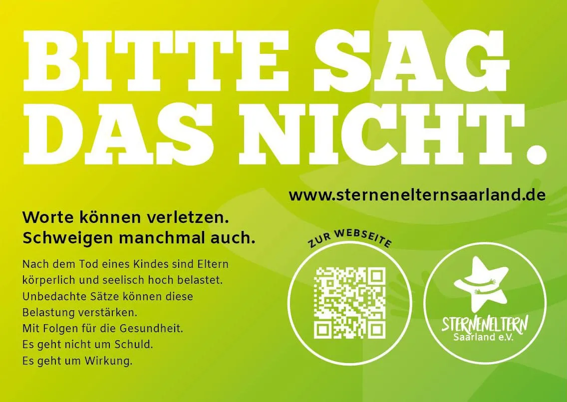 Querformatiges Motiv der Kampagne „Bitte sag das nicht.“ der Sterneneltern Saarland mit QR-Code