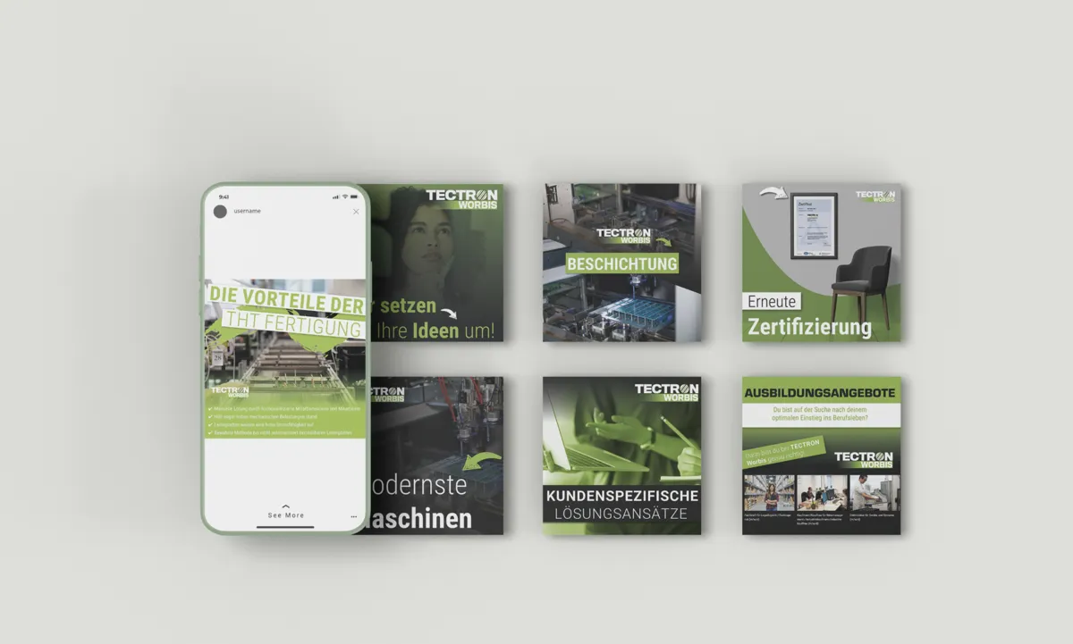 Social-Media-Beiträge von TECTRON Worbis zu Beschichtung, Zertifizierung und Ausbildung auf Smartphone und Kacheln