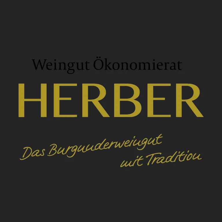 Logo des Weinguts Ökonomierat Herber, „Das Burgunderweingut mit Tradition“, in Gold auf Schwarz