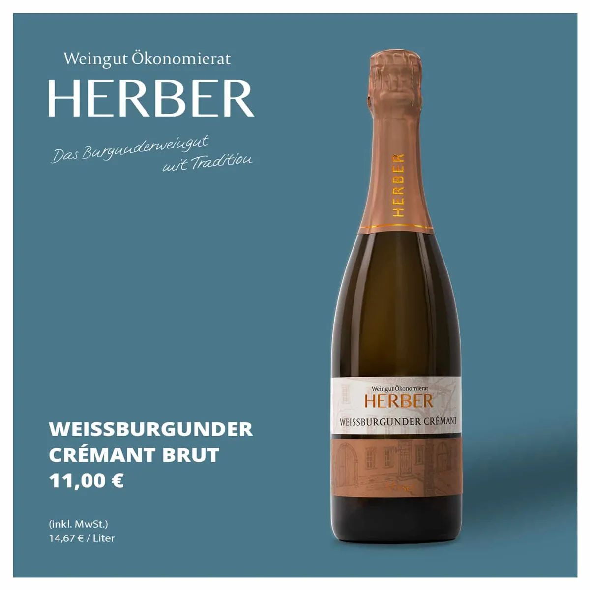 Produktmotiv Weißburgunder Crémant Brut des Weinguts Herber auf blauem Grund mit Preisangabe