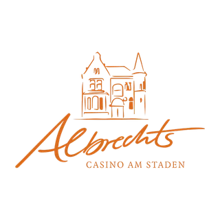 Logo von Albrechts Casino am Staden in Saarbrücken mit gezeichnetem Gebäude in Orange