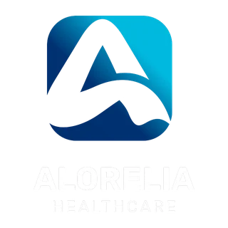 Logo von Alorelia Healthcare mit stilisiertem A in Blau und Türkis