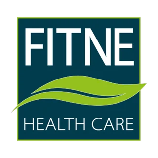 Logo von FITNE Health Care mit grünem Blatt auf dunkelblauem Grund