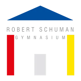 Logo des Robert-Schuman-Gymnasiums Saarlouis mit blauem Dach sowie roter und gelber Säule
