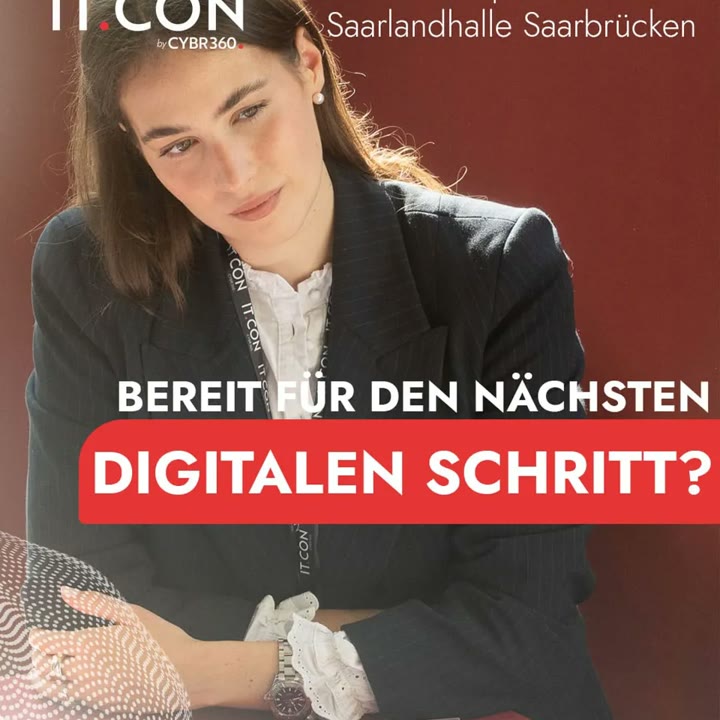 Social-Media-Post für die IT.CON Saarland: Frau im Blazer, Frage „Bereit für den nächsten digitalen Schritt?“