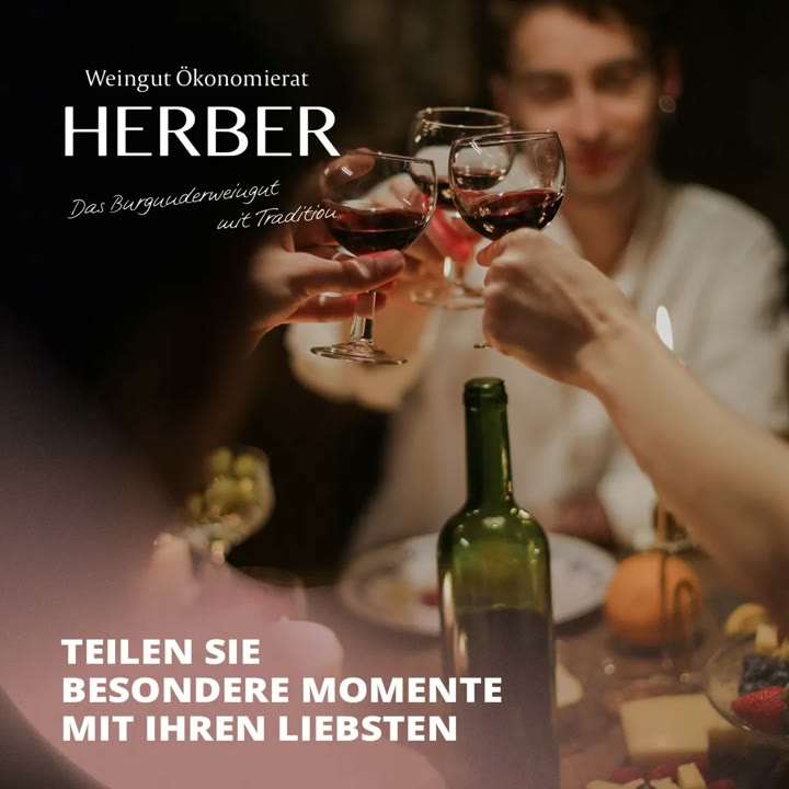 Social-Media-Post für das Weingut Herber: Menschen stoßen mit Rotwein an, „Teilen Sie besondere Momente“