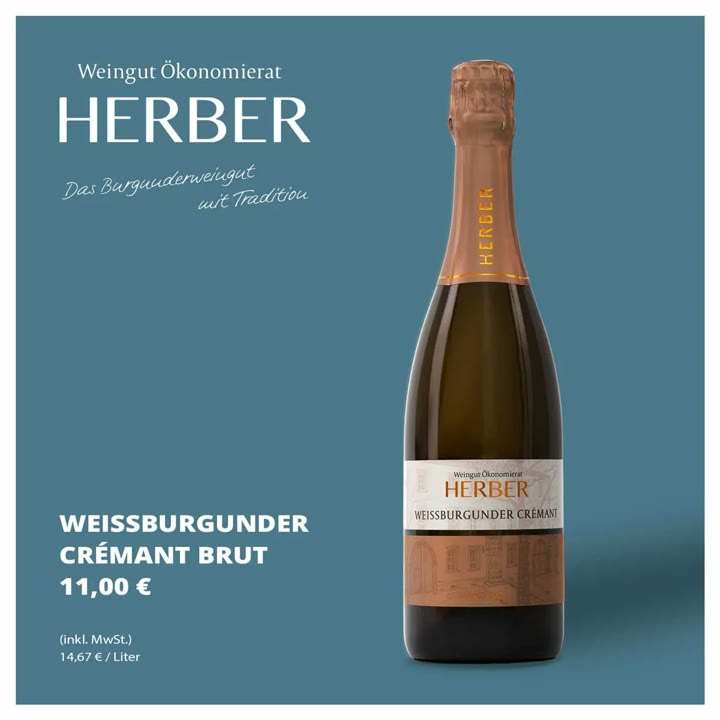 Social-Media-Post für das Weingut Herber: Flasche Weißburgunder Crémant Brut auf blauem Grund mit Preisangabe