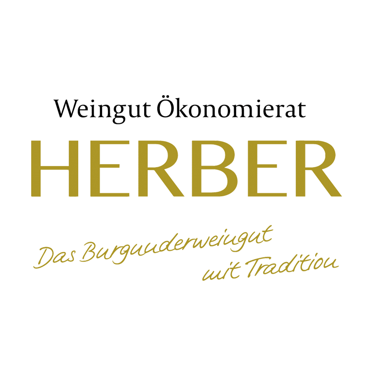 Logo des Weinguts Herber in Perl, Schriftzug in Gold mit Unterzeile „Das Burgunderweingut mit Tradition“