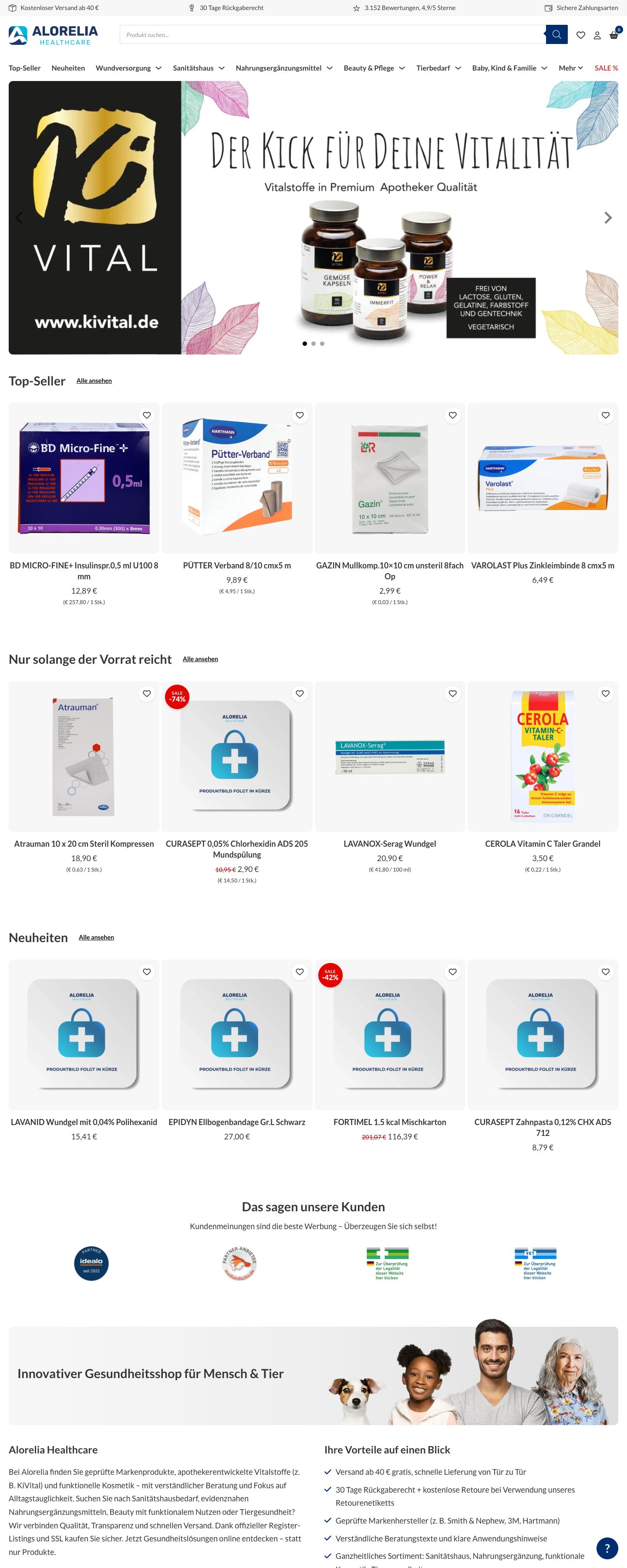 Startseite des Shopware-6-Shops alorelia.de von Alorelia Healthcare mit Vitalstoff-Produkten und Top-Sellern