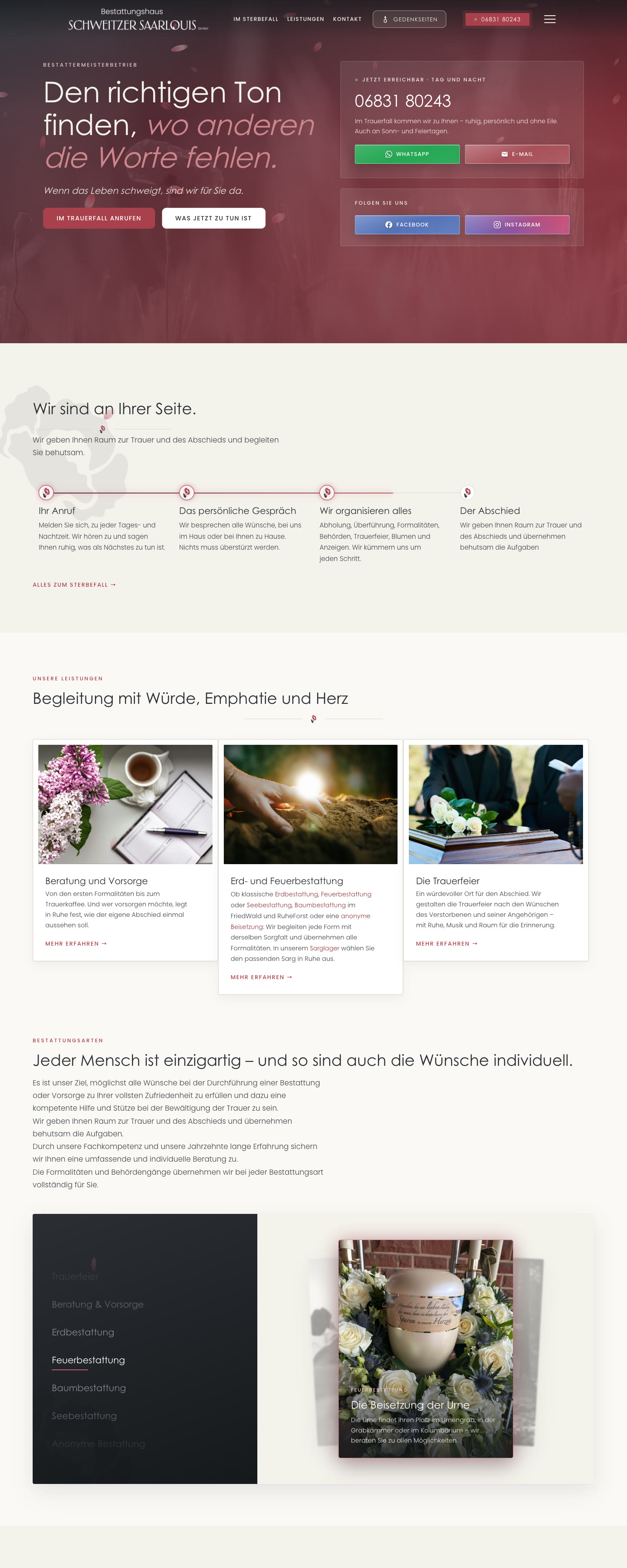 Startseite der Website des Bestattungshauses Schweitzer in Saarlouis mit Trauerfall-Hotline, gestaltet von marketing thom
