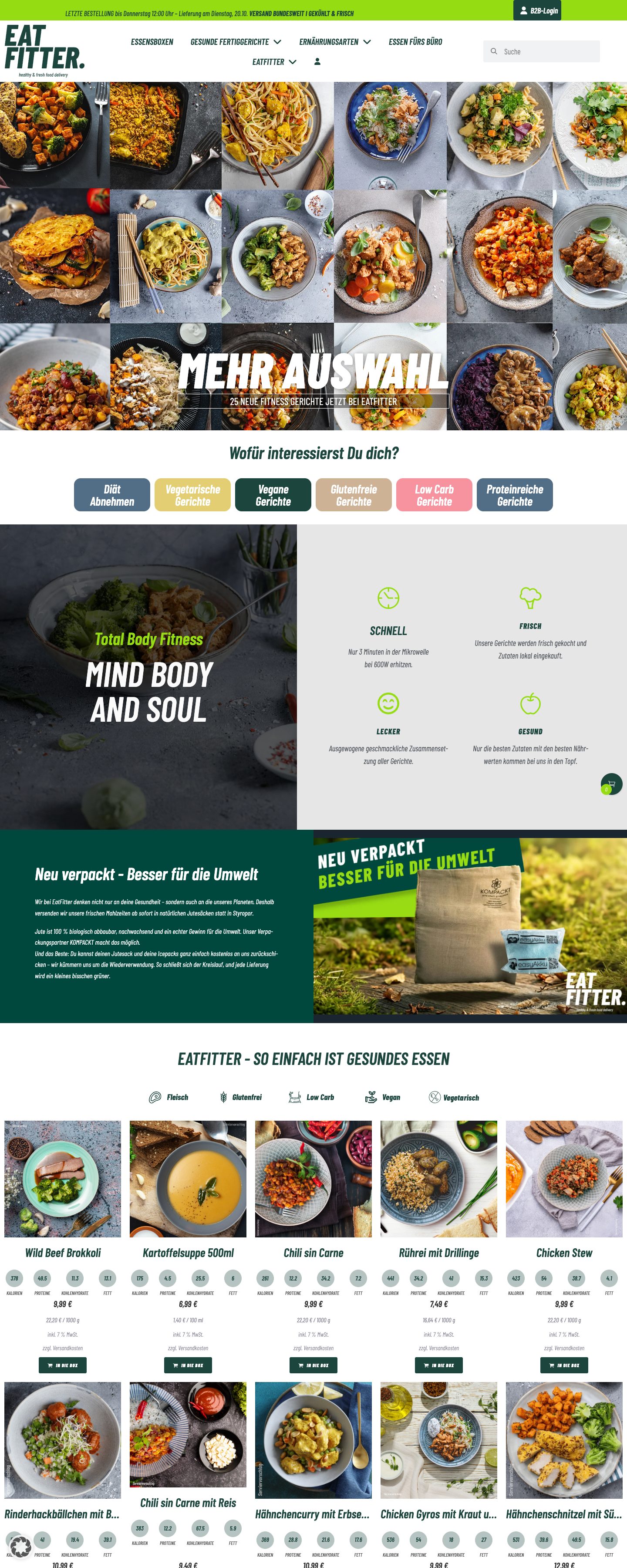 Startseite des Onlineshops von EATFITTER (eatfitter.de) mit Fitnessgerichten, umgesetzt von marketing thom