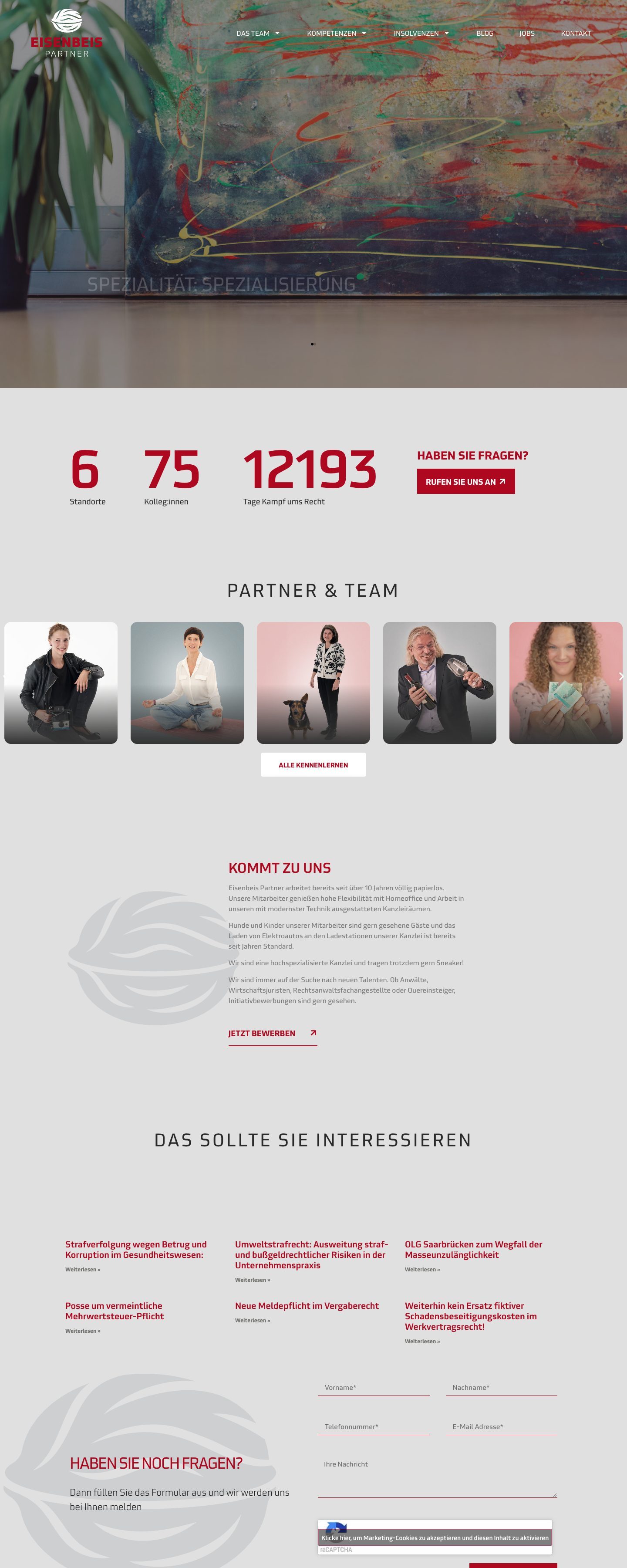 Startseite der Website der Kanzlei Eisenbeis & Partner (eisenbeis-ra.de) mit Kunstwerk im Hero und Kennzahlen