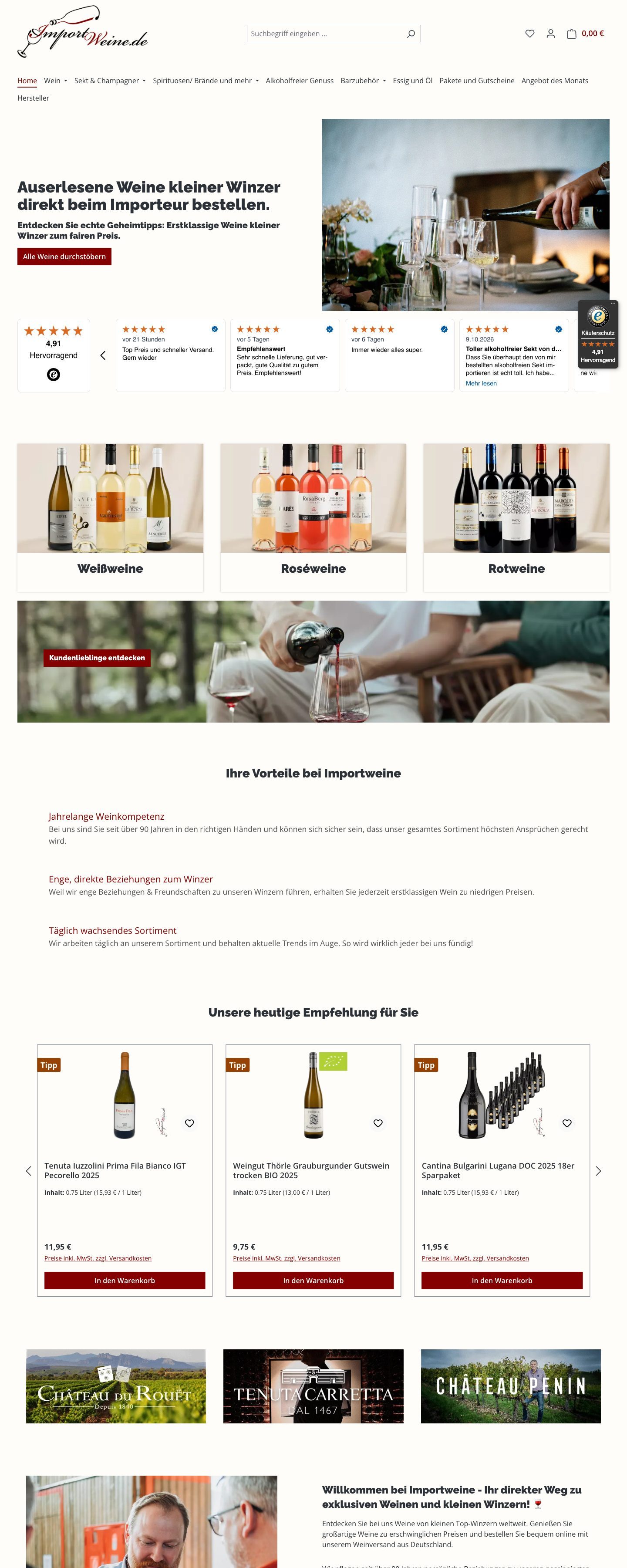 Startseite des Onlineshops importweine.de mit Weinen kleiner Winzer und Kundenbewertungen